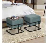[en.casa] Puff Tas Juego de 2 Taburetes Apilables Reversibles Reposapiés Silla Tocador Diseño 2 en 1 Asiento Acolchado Tablero de Mesa Cuadrado MDF Metal 38x38x38 cm Verde