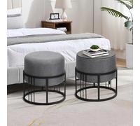 [en.casa] Puff Tas Juego de 2 Taburetes Apilables Reversibles Reposapiés Silla Tocador Diseño 2 en 1 Asiento Acolchado Tablero de Mesa Redondo MDF Metal 38xØ38 cm Gris Oscuro