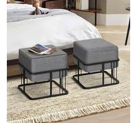 [en.casa] Puff Tas Juego de 2 Taburetes Apilables Reversibles Reposapiés Silla Tocador Diseño 2 en 1 Asiento Acolchado Tablero de Mesa Cuadrado MDF Metal 38x38x38 cm Gris Oscuro