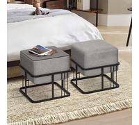 [en.casa] Puff Tas Juego de 2 Taburetes Apilables Reversibles Reposapiés Silla Tocador Diseño 2 en 1 Asiento Acolchado Tablero de Mesa Cuadrado MDF Metal 38x38x38 cm Gris Claro