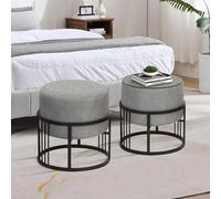 [en.casa] Puff Tas Juego de 2 Taburetes Apilables Reversibles Reposapiés Silla Tocador Diseño 2 en 1 Asiento Acolchado Tablero de Mesa Redondo MDF Metal 38xØ38 cm Gris Claro