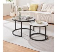 [en.casa] Set de 2 Mesas de Centro Kokkola Juego de 2 Mesas Auxiliares Mesitas Nido Redondas Acero - Vidrio Templado Ahumado/Efecto mármol Blanco