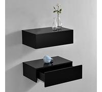 [en.casa] Set de 2 Mesitas de Noche de Pared con cajón - Negro Lacado de Alto Brillo - 46x30x15cm