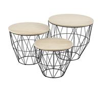 [en.casa] Set de 3X Cestas de Metal con bandejas extraíbles Mesa Baja Mesa Auxiliar para Almacenar Mesas de Centro Mesas de té y café Negro y Color de Madera