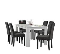 [en.casa] Set de Comedor Elegante Mesa de diseño Blanca con 6 sillas Gris Oscuro - 140x90cm