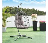 [en.casa] Silla Colgante Exterior Edeng con Soporte y Cojín Hamaca Sillón Cesta de Polyrattan para 1 Persona Interior/Exterior máx. 100 kg Acero Poliéster/Polietileno 196 x 110 x 95 cm Gris