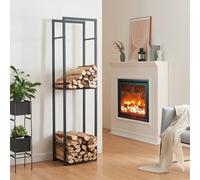 [en.casa] Soporte para Leña de 2 Niveles Uso Interior Estantería para Almacenar Leña Madera Cortada Accesorios de Chimenea Acero Aglomerado 170 x 45 x 30 cm - Negro Grano de Madera
