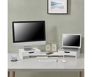 [en.casa] Soporte para Monitor o Portátil para Mesa de Ordenador 2 con Cajones Giratorios Base para Pantalla de Ordenador Aglomerado 60 x 22 x 11 cm Blanco