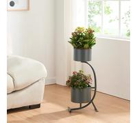 [en.casa] Soporte para Plantas en Forma de C Estantería de Pie con 2 Maceteros Incluidos para Flores Organizador de Macetas para Oficina Portamacetas Metal 63x29x21cm - Negro