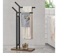 [en.casa] Toallero de Pie con 2 Barras Escalonadas Soporte de Toalla Ropa Organizador para Baño Acero/MDF 88 x 40 x 20 cm Negro/Efecto Madera