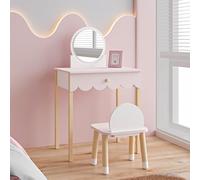 [en.casa] Tocador de Maquillaje Infantil Vestnes con Taburete Conjunto de Mesa con Espejo, 1 Cajón y Silla Habitación Infantil Dormitorio Madera de Pino 93 x 56 x 36 cm - Rosa/Blanco