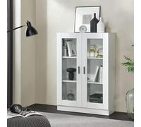 [en.casa] Vitrina con 3 Compartimentos Aparador con 2 Puertas con Manjijas Mueble Auxiliar para Salón Comedor Oficina Cristal Aglomerado 115 x 80 x 31 cm - Blanco