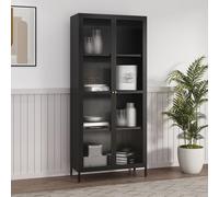 [en.casa] Vitrina Säkylä 2 Puertas de Vidrio 180 x 80 x 35 cm Negro | Aparador para salón mueble auxiliar para comedor cocina dormitorio 4 compartimentos acero cristal rranslúcido