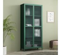 [en.casa] Vitrina Säkylä 2 Puertas de Vidrio 180x80x35 cm Verde Abeto | Aparador para salón mueble auxiliar para comedor cocina dormitorio 4 compartimentos acero cristal rranslúcido