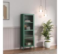 [en.casa] Vitrina Säkylä Puerta de Vidrio Acero 150x50x35 cm Verde Abeto | Aparador para salón mueble auxiliar para comedor cocina dormitorio 4 compartimentos acero cristal rranslúcido