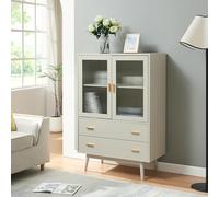 [en.casa] Vitrina Susa Aparador para salón con Estante 2 Cajones 2 Puertas de Cristal Mueble Auxiliar para Comedor Oficina MDF Patas de Pino 120 x 80 x 40 cm - Beige