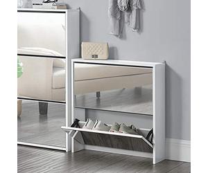 [en.casa] Zapatero con Espejo 67 x 63 x 17cm Con 2 Compartimentos de Almacenamiento Mueble Zapatero Organizador de Zapatos Blanco