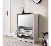 [en.casa] Zapatero Estrecho Mueble Recibidor 2 Puertas Abatibles con Espejo máx. 12 Pares de Calzados Aglomerado 80 x 60 x 24 cm - Blanco