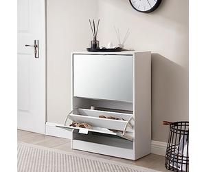 [en.casa] Zapatero Estrecho Mueble Recibidor 2 Puertas Abatibles con Espejo máx. 12 Pares de Calzados Aglomerado 80 x 60 x 24 cm - Blanco