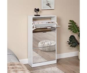 [en.casa] Zapatero Estrecho Mueble Recibidor 3 Puertas Abatibles con Espejo máx. 18 Pares de Calzados Aglomerado 115 x 60 x 24 cm - Blanco