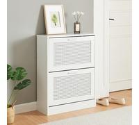 [en.casa] Zapatero Vesilahti Mueble Recibidor con 2 Puertas Abatibles con Detalle Ratán y 2 Compartimentos para 8 Pares de Calzado 80 x 60 x 24 cm - Blanco