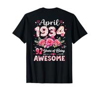 (En la Parte Posterior) 92 años Abril 1934 Floral 92 cumpleaños Camiseta