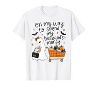 En mi Camino a gastar el Dinero de mis esposos Compras de Halloween Camiseta gráfica económica, Hombre, Blanco, S