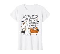 En mi Camino a gastar el Dinero de mis esposos Compras de Halloween Camiseta gráfica económica, Mujer, Blanco, XL