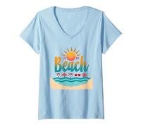 En mi Playa: Vacaciones de Verano en el paraíso Tropical Camiseta Cuello V, Mujer, Azul Bebé, S