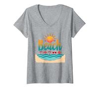 En mi Playa: Vacaciones de Verano en el paraíso Tropical Camiseta Cuello V, Mujer, Gris Jaspeado, S