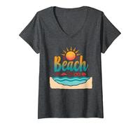 En mi Playa: Vacaciones de Verano en el paraíso Tropical Camiseta Cuello V, Mujer, Jaspeado Oscuro, S