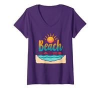 En mi Playa: Vacaciones de Verano en el paraíso Tropical Camiseta Cuello V, Mujer, Morado, S