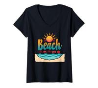 En mi Playa: Vacaciones de Verano en el paraíso Tropical Camiseta Cuello V, Mujer, Negro, S