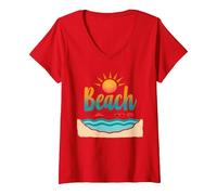 En mi Playa: Vacaciones de Verano en el paraíso Tropical Camiseta Cuello V, Mujer, Rojo, S
