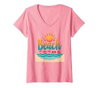 En mi Playa: Vacaciones de Verano en el paraíso Tropical Camiseta Cuello V, Mujer, Rosado, S