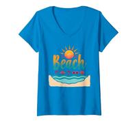 En mi Playa: Vacaciones de Verano en el paraíso Tropical Camiseta Cuello V, Mujer, Zafiro, S
