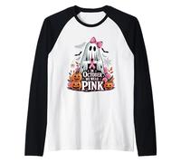 En Octubre llevamos un Fantasma Rosa sosteniendo una Cinta de cáncer de Mama Camiseta Manga Raglan