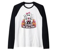 En Octubre llevamos un Fantasma Rosa sosteniendo una Cinta de cáncer de Mama Camiseta Manga Raglan