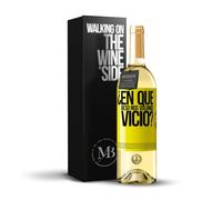 «¿En qué beso nos volvimos vicio?» Mensaje en una Botella. Vino Blanco Premium Verdejo Joven + Gift Box. Etiqueta Amarilla PERSONALIZABLE