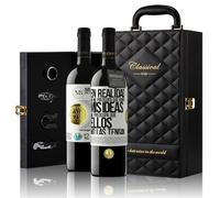 «En realidad no me preocupa que roben mis ideas me...» Mensaje en una Botella. Estuche-Maletín de LUJO 2x Vino Tinto Premium Reserva 12 Meses y Set de 4 Accesorios. Etiqueta Blanca PERSONALIZABLE