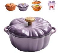 Enameled Cast Iron Pumpkin Dutch Ovens with Lid, 6.3/7.87'' Pumpkin Dutch Oven, Double Handle Design, Oven and Stovetop for Cooking Stews Soup, Halloween & Thanksgiving Decor Gift (Purple 7.9'')
