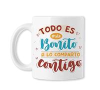Enamorados - Todo es más bonito si lo comparto contigo- Taza original de café para regalar en San Valentín para novio, novia, con frase y dibujo, ideal enamorados. Cerámica blanca …)