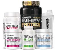 ENASPORT Pack Suplementos Entrenamiento Completo - Proteína Whey + Creatina + Glutamina + BCAA + Carbohidratos + Shaker - Pack Gym para Ganar Masa Muscular y Rendimiento (907 gr, Cookies and Cream)