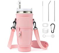 Enbagold Bolsa Portabotellas de Agua para Stanley Cup 40oz, Bolso Stanley Cup con Correa y Bolsillo para Teléfono, Accesorios para Pajita y Accesorios a Prueba de Fugas y Mosquetón (Rosa)