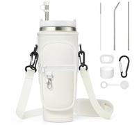 Enbagold Bolsa Portabotellas de Agua para Stanley Cup 40oz, Bolso Stanley Cup con Correa y Bolsillo para Teléfono, Accesorios para Pajita y Accesorios a Prueba de Fugas y Mosquetón (Beige)