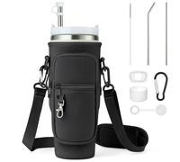 Enbagold Bolsa Portabotellas de Agua para Stanley Cup 40oz, Bolso Stanley Cup con Correa y Bolsillo para Teléfono, Accesorios para Pajita y Accesorios a Prueba de Fugas y Mosquetón (Negro)