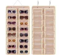 Enbagold Organizador de Gafas Soporte para 16 Gafas de Sol, Expositor Gafas Pared Organizador de Almacenamiento de Gafas con SOGA y 2 Gancho de Metal - Beige