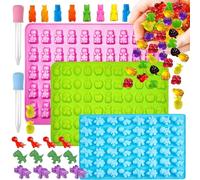 ENBRWAS Juego de mini moldes de silicona para gomitas, 3 bandejas, 164 cavidades. Diseños de frutas, osos y dinosaurios con 2 cuentagotas para chocolate, gelatina, yogur congelado, cubitos de hielo y
