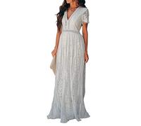 Encaje Vestido Largo para Mujeres Verano Elegante Gasa Cuello en V Manga Corta Boho Vestido de Partido Cóctel Vacaciones Maxi Dress E Blanco L