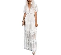 Encaje Vestido Largo para Mujeres Verano Elegante Gasa Cuello en V Manga Corta Boho Vestido de Partido Cóctel Vacaciones Maxi Dress D Blanco L